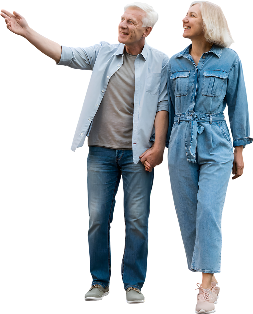 Couple de seniors souriants marchant main dans la main symbolisant la sérénité et la confiance